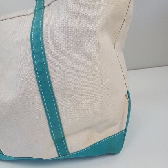 Vintage L.L. Bean Boat & Tote Canvas Blue Green Cream‎ Bag Large Top Handle - Picture 5 of 16